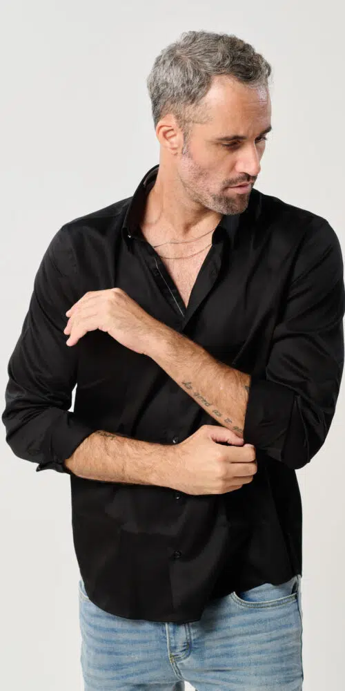 חולצה מכופתרת שרוול ארוך מבד סאטן – שחור, 4XL