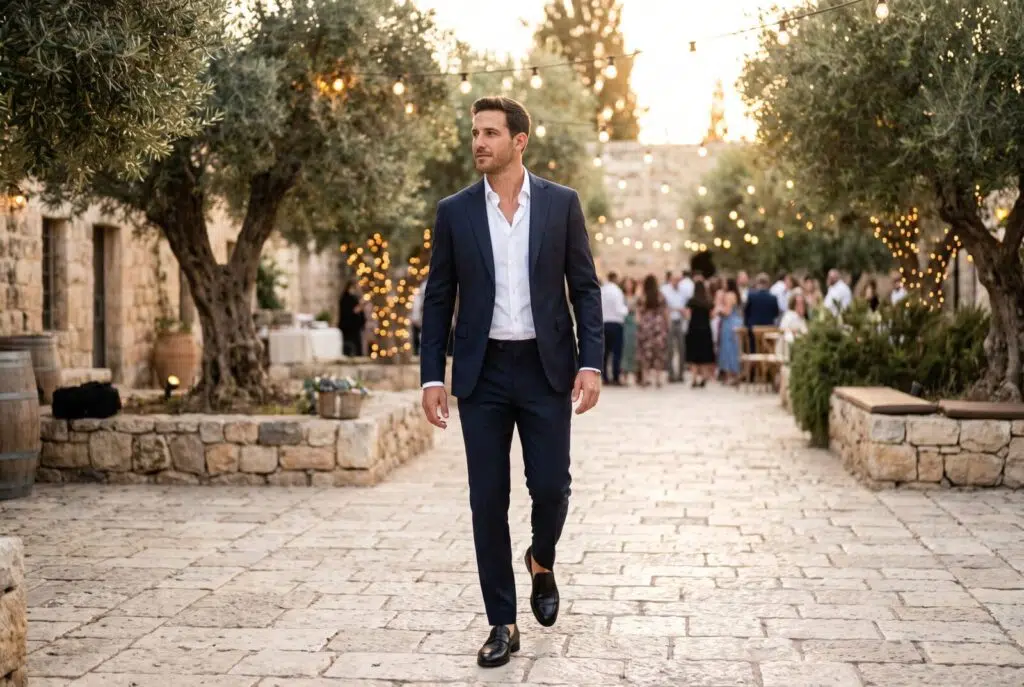 בגדים לחתונה לגבר: אורח בחליפה כחולה וחולצה לבנה בחתונת ערב
